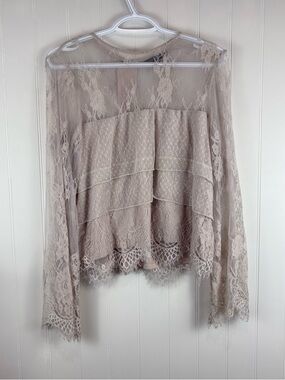 American Eagle Lace Sheer Tiered Blouse Taupe Romantic Boho Festival Top M/L